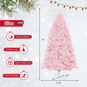 7 FT Pink Pre-lit Christmas Tree, Hinged Snow Flocked Artificial Xmas Tree with 1200 Branch Tips, 8 Lighting Modes & 500 Multi-Color LED Lights