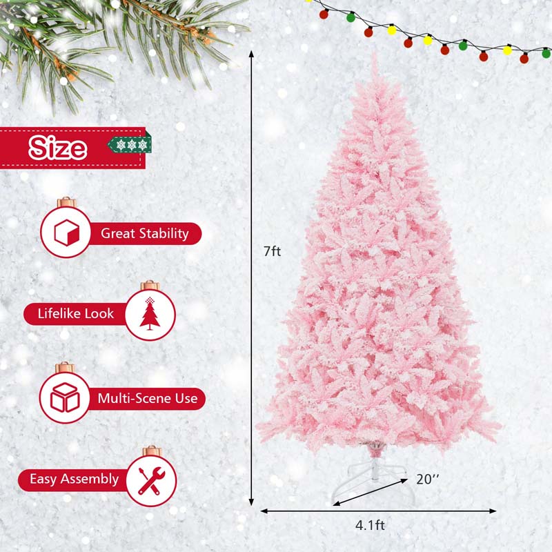 7 FT Pink Pre-lit Christmas Tree, Hinged Snow Flocked Artificial Xmas Tree with 1200 Branch Tips, 8 Lighting Modes & 500 Multi-Color LED Lights