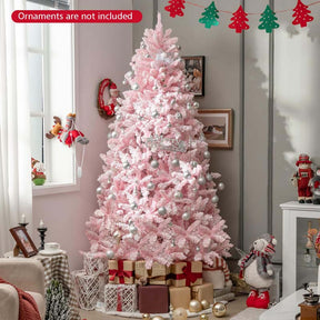 7 FT Pink Pre-lit Christmas Tree, Hinged Snow Flocked Artificial Xmas Tree with 1200 Branch Tips, 8 Lighting Modes & 500 Multi-Color LED Lights