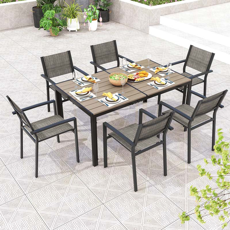 7 Piece Patio Dining Set with 6 Stackable Chairs and Large Rectangle Table, Outdoor Furniture Set Dining Table Set for 6 Person