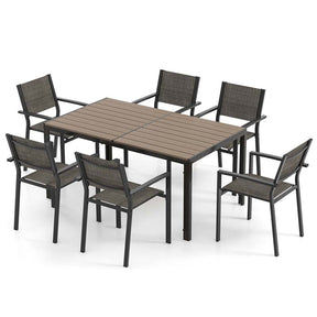 7 Piece Patio Dining Set with 6 Stackable Chairs and Large Rectangle Table, Outdoor Furniture Set Dining Table Set for 6 Person