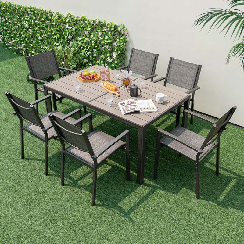 7 Piece Patio Dining Set with 6 Stackable Chairs and Large Rectangle Table, Outdoor Furniture Set Dining Table Set for 6 Person