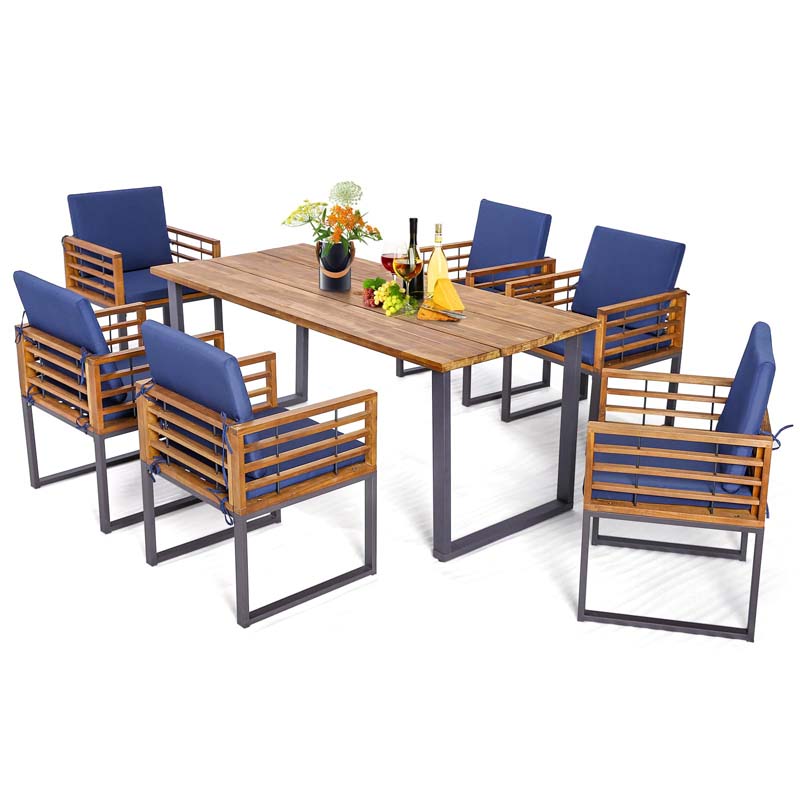 7Pcs Acacia Wood Patio Dining Set with 69" Tabletop & Umbrella Hole, Heavy-Duty Metal Support Dining Chair & Table Set