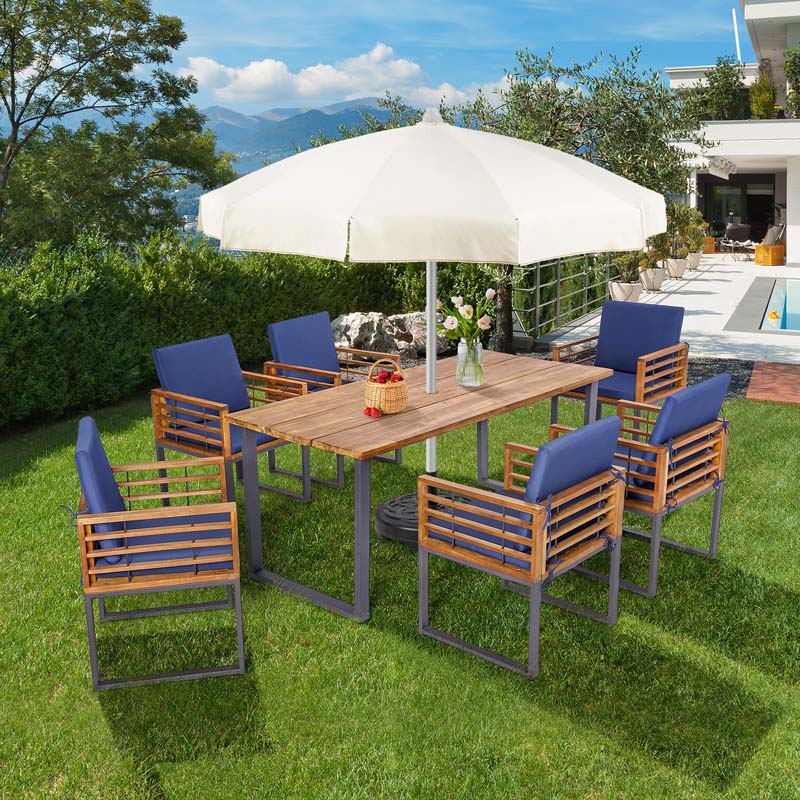 7Pcs Acacia Wood Patio Dining Set with 69" Tabletop & Umbrella Hole, Heavy-Duty Metal Support Dining Chair & Table Set