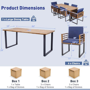 7Pcs Acacia Wood Patio Dining Set with 69" Tabletop & Umbrella Hole, Heavy-Duty Metal Support Dining Chair & Table Set