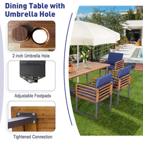 7Pcs Acacia Wood Patio Dining Set with 69" Tabletop & Umbrella Hole, Heavy-Duty Metal Support Dining Chair & Table Set