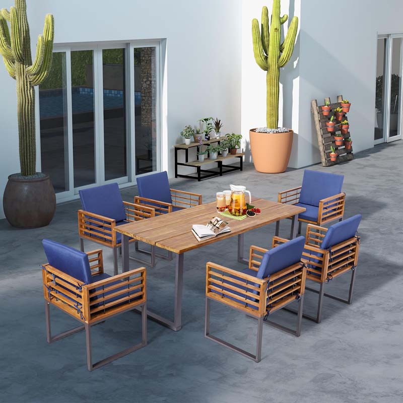 7Pcs Acacia Wood Patio Dining Set with 69" Tabletop & Umbrella Hole, Heavy-Duty Metal Support Dining Chair & Table Set