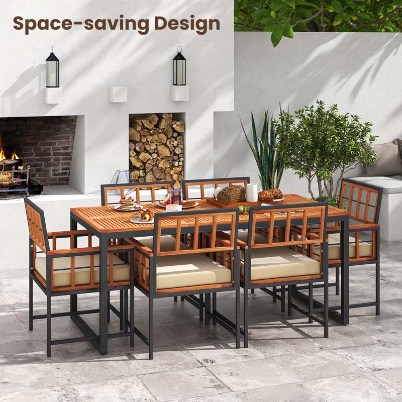 7Pcs Patio Dining Set for Backyard Poolside, Outdoor Acacia Wood Table and Chairs with Soft Cushions & 1.96" Umbrella Hole