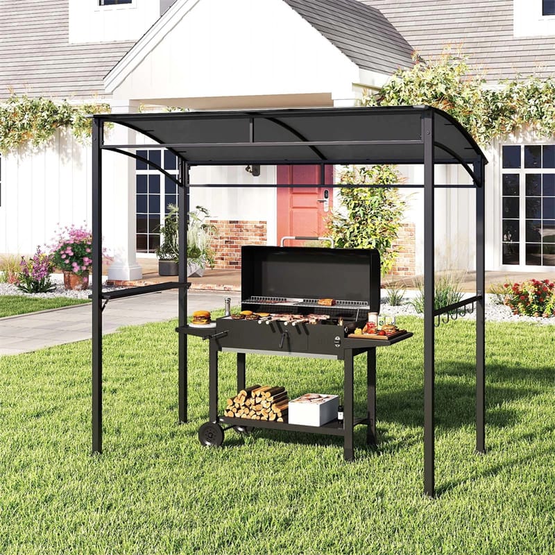 7x4.5 FT Outdoor Patio Grill Gazebo, Curved BBQ Canopy Shelter with Serving Shelves, Storage Hooks & Heavy-Duty Steel Frame for Backyard Garden