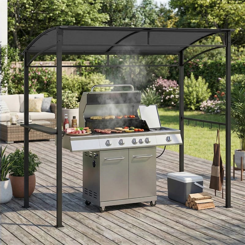 7x4.5 FT Outdoor Patio Grill Gazebo, Curved BBQ Canopy Shelter with Serving Shelves, Storage Hooks & Heavy-Duty Steel Frame for Backyard Garden