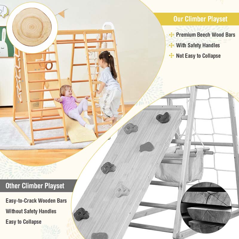 8-in-1 Wooden Climbing Toys for Toddlers, Montessori Kids Indoor Playground Jungle Gym Playset with Slide, Climbing Rock/Net, Monkey Bars