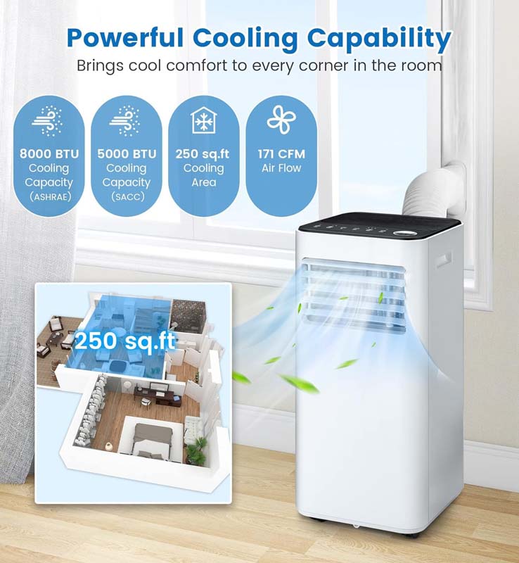 8000 BTU 3-in-1 Portable Air Conditioner with Dehumidifier/Fan/Cool/Sleep Mode, AC Unit for Room up to 250 Sq. Ft