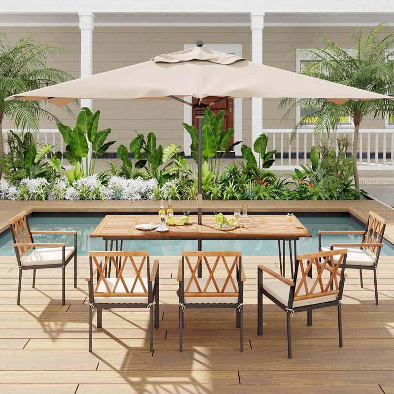 86.5"L Rectangular Acacia Wood Dining Table w/Umbrella Hole, 8-People Outdoor Patio Dining Table for Patio Yard Garden Deck