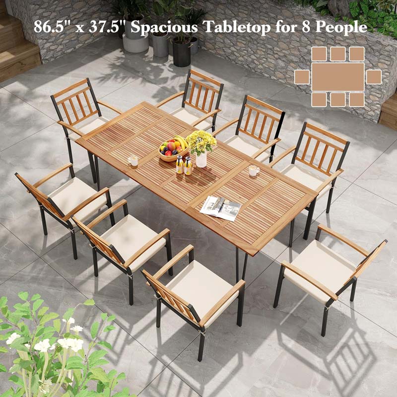 86.5"L Rectangular Acacia Wood Dining Table w/Umbrella Hole, 8-People Outdoor Patio Dining Table for Patio Yard Garden Deck