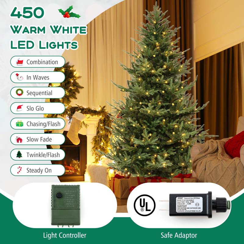 6/7/8 FT Pre-Lit Artificial Christmas Tree, Hinged Xmas Tree with 240/340/450 Warm White LED Lights, 8 Lighting Modes, 778/1090/1480 Branch Tips