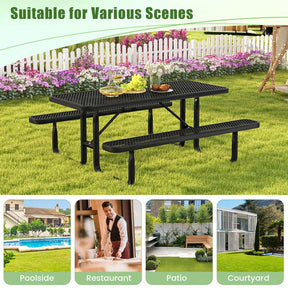 72" 8-Person Mesh Picnic Table Bench Set with Thermoplastic Coated Steel, Heavy Duty Patio Dining Table for Cafe Restaurant Bar