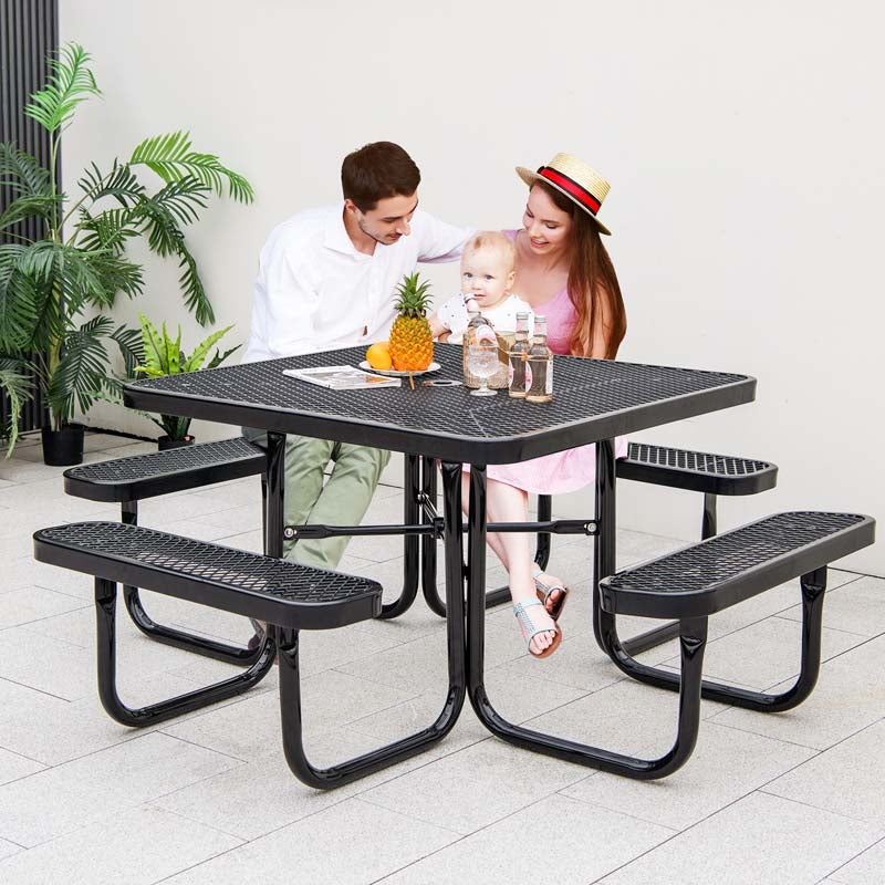 46" 8-Person Square Mesh Picnic Table Bench Set w/Umbrella Hole, Thermoplastic Coated Steel Heavy Duty Patio Dining Table for Cafe Bar Yard