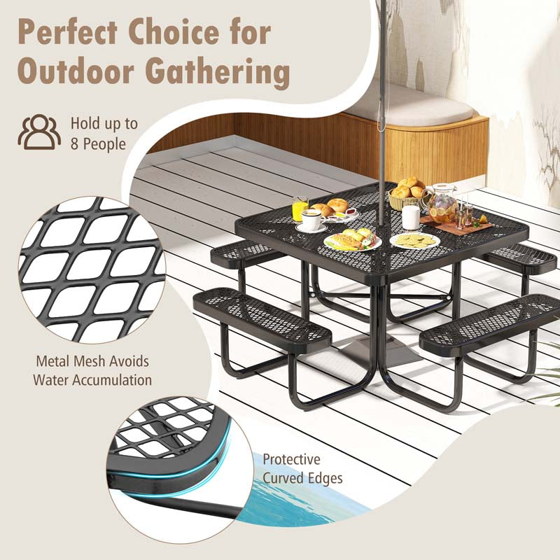 46" 8-Person Square Mesh Picnic Table Bench Set w/Umbrella Hole, Thermoplastic Coated Steel Heavy Duty Patio Dining Table for Cafe Bar Yard