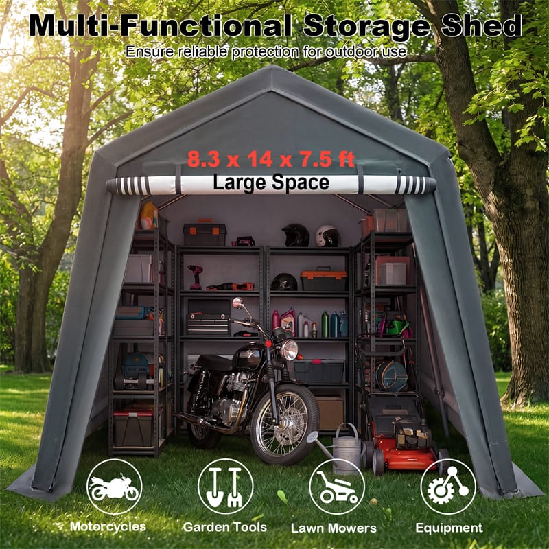 8 x 14 FT Heavy Duty Steel Enclosed Carport Car Canopy Tent Outdoor Garage Storage Shelter Shed with Waterproof Ripstop Cover