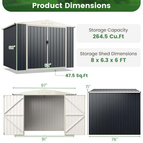 8 x 6.3 FT Metal Outdoor Storage Shed w/Snap-on Structures & Lockable Door, All-Weather Bike Tool Sheds for Garden Yard Lawn