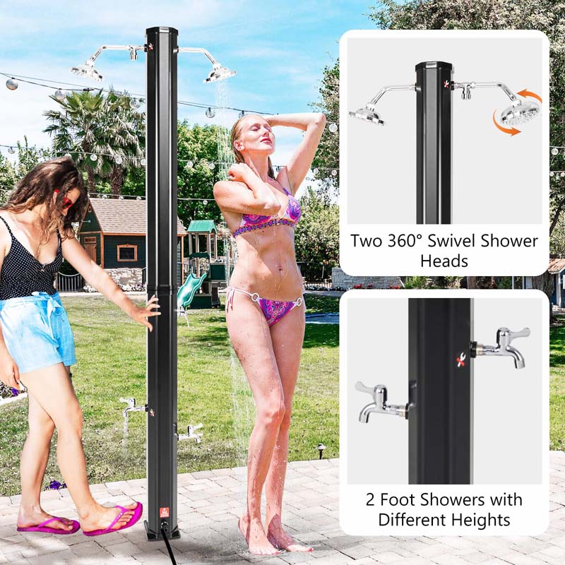 7.2 FT 9.3 Gallon Solar Heated Outdoor Shower with Dual Swivel Shower Heads & 2 Foot Showers, Outside Shower for Poolside Beach Backyard