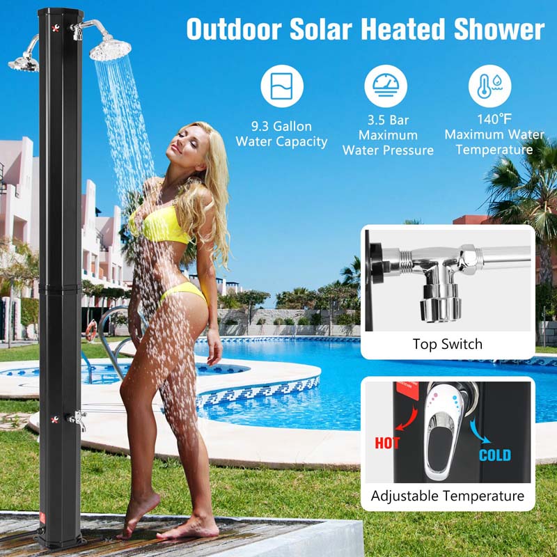 7.2 FT 9.3 Gallon Solar Heated Outdoor Shower with Dual Swivel Shower Heads & 2 Foot Showers, Outside Shower for Poolside Beach Backyard