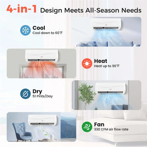 9000BTU Ductless Mini Split Air Conditioner, 19 SEER2 115V Wall-Mounted Inverter AC Unit with Heat Pump, Energy Efficient Cools Room up to 450 Sq. Ft