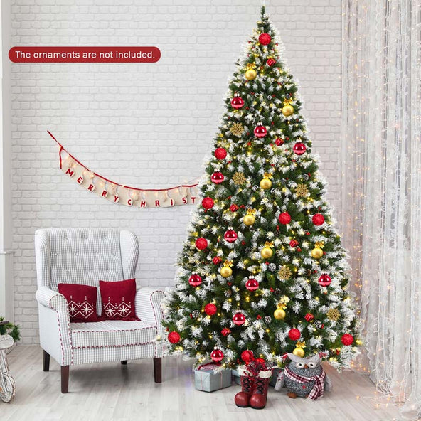 6/7.5/9FT Pre-lit Artificial Christmas Tree, Hinged Snow Flocked Xmas Tree w/Pine Cones, Red Berries & 250/550/900 LED Lights, 8 Lighting Modes