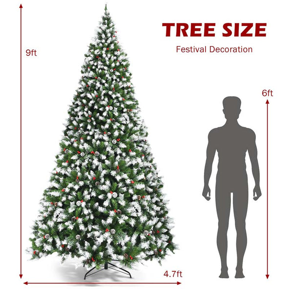 6/7.5/9FT Pre-lit Artificial Christmas Tree, Hinged Snow Flocked Xmas Tree w/Pine Cones, Red Berries & 250/550/900 LED Lights, 8 Lighting Modes