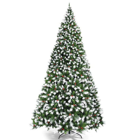 6/7.5/9FT Pre-lit Artificial Christmas Tree, Hinged Snow Flocked Xmas Tree w/Pine Cones, Red Berries & 250/550/900 LED Lights, 8 Lighting Modes