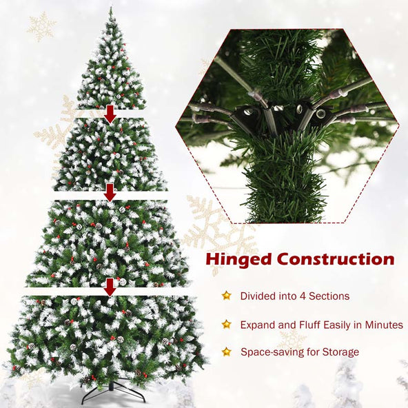 6/7.5/9FT Pre-lit Artificial Christmas Tree, Hinged Snow Flocked Xmas Tree w/Pine Cones, Red Berries & 250/550/900 LED Lights, 8 Lighting Modes