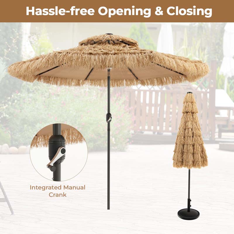 9 FT Thatched Tiki Patio Umbrella with w/33 Solar LED Lights, 8 Ribs & Crank Lift, 2-Tier Hawaiian Hula Tilt Beach Umbrella for Grass Pool