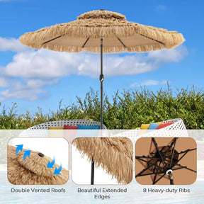 9 FT Thatched Tiki Patio Umbrella with w/33 Solar LED Lights, 8 Ribs & Crank Lift, 2-Tier Hawaiian Hula Tilt Beach Umbrella for Grass Pool