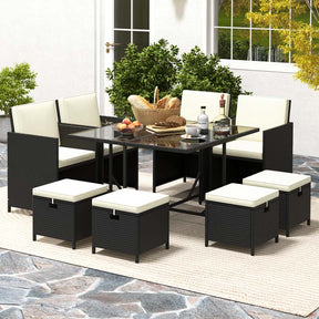 9Pcs Space-Saving Rattan Wicker Outdoor Dining Furniture Set with Tempered Glass Table and Ottomans
