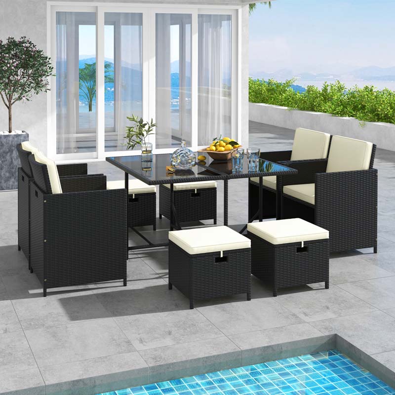 9Pcs Space-Saving Rattan Wicker Outdoor Dining Furniture Set with Tempered Glass Table and Ottomans