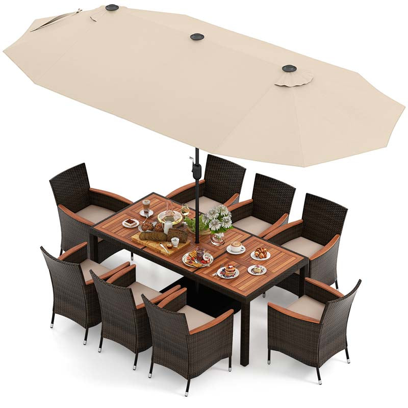 10Pcs Patio Rattan Dining Set with 15FT Double-Sided Umbrella, Heavy Duty Acacia Wood Table & Stackable Wicker Chairs