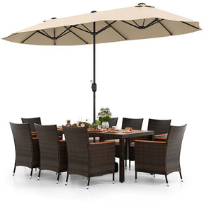 10Pcs Patio Rattan Dining Set with 15FT Double-Sided Umbrella, Heavy Duty Acacia Wood Table & Stackable Wicker Chairs