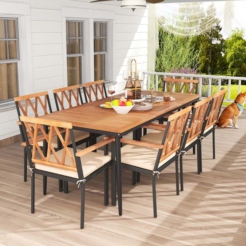 9-Piece Acacia Wood Patio Dining Furniture Set, 79" Rectangle Dining Tables with 1.9" Umbrella Hole, 8 Wooden Armchairs