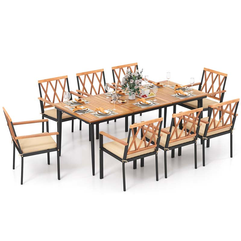 9-Piece Acacia Wood Patio Dining Furniture Set, 79" Rectangle Dining Tables with 1.9" Umbrella Hole, 8 Wooden Armchairs