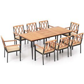 9-Piece Acacia Wood Patio Dining Furniture Set, 79" Rectangle Dining Tables with 1.9" Umbrella Hole, 8 Wooden Armchairs