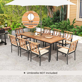 9-Piece Acacia Wood Patio Dining Furniture Set, 79" Rectangle Dining Tables with 1.9" Umbrella Hole, 8 Wooden Armchairs