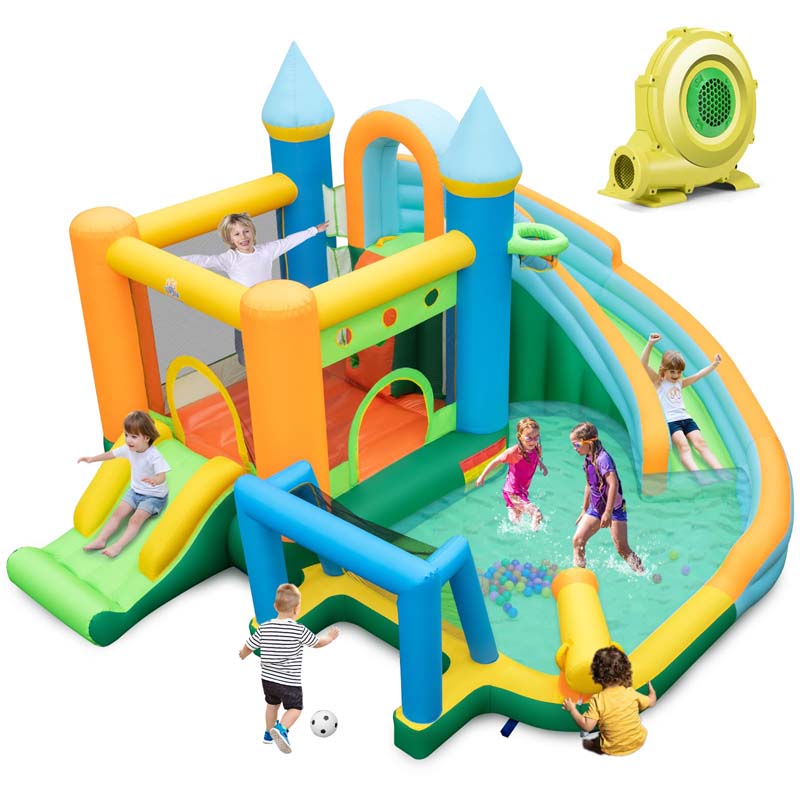 9-in-1 Inflatable Water Slide with 735w Blower, Giant Water Bounce House Park w/Dual Slides, Soccer Gate, Deep Splash Pool