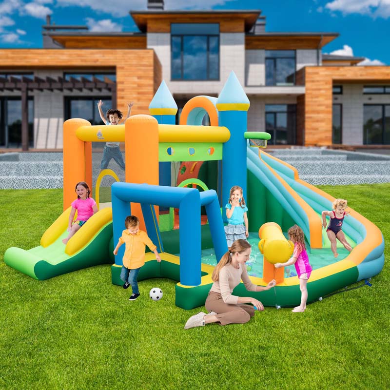 9-in-1 Inflatable Water Slide with 735w Blower, Giant Water Bounce House Park w/Dual Slides, Soccer Gate, Deep Splash Pool