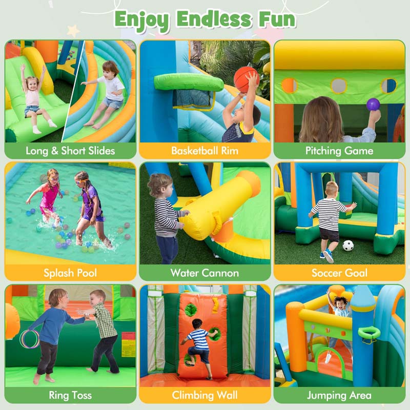 9-in-1 Inflatable Water Slide with 735w Blower, Giant Water Bounce House Park w/Dual Slides, Soccer Gate, Deep Splash Pool