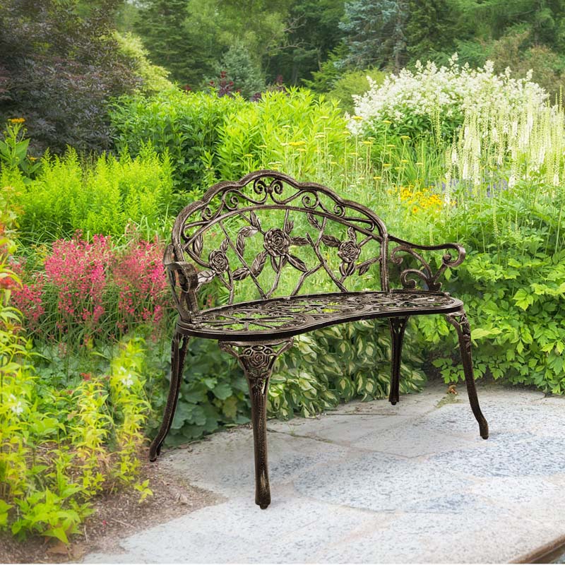 Antique Style Outdoor Garden Bench Park Bench, All-Weather Patio Bench Chair Loveseat with Cast Aluminum Seat & Backrest