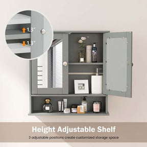 Mirrored Bathroom Storage Cabinet Organizer, Wall Mounted Medicine Cabinet w/Double Mirror Doors & Adjustable Shelf