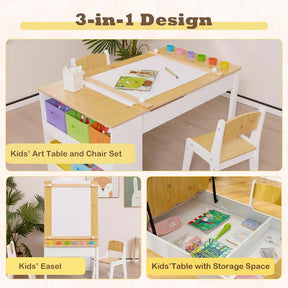 3-in-1 Wood Kids Art Table & Easel Set with 2 Chairs, 6 Storage Bins, Paper Roller, Paint Cups, Toddler Crafts Activity Table Chair Set