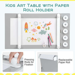 3-in-1 Wood Kids Art Table & Easel Set with 2 Chairs, 6 Storage Bins, Paper Roller, Paint Cups, Toddler Crafts Activity Table Chair Set