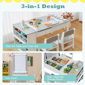 3-in-1 Wood Kids Art Table & Easel Set with 2 Chairs, 6 Storage Bins, Paper Roller, Paint Cups, Toddler Crafts Activity Table Chair Set