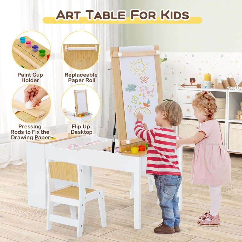 3-in-1 Wood Kids Art Table & Easel Set with 2 Chairs, 6 Storage Bins, Paper Roller, Paint Cups, Toddler Crafts Activity Table Chair Set